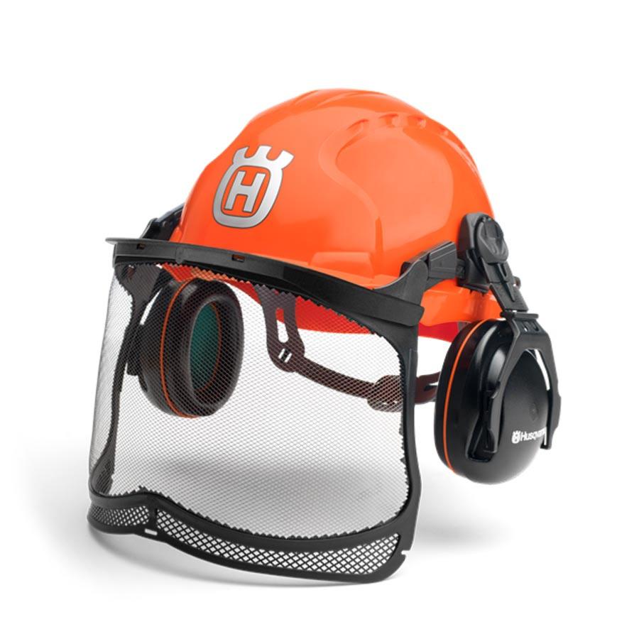 Casque HUSQVARNA avec visière grilladée, coiffe interne et protecteurs d'oreilles